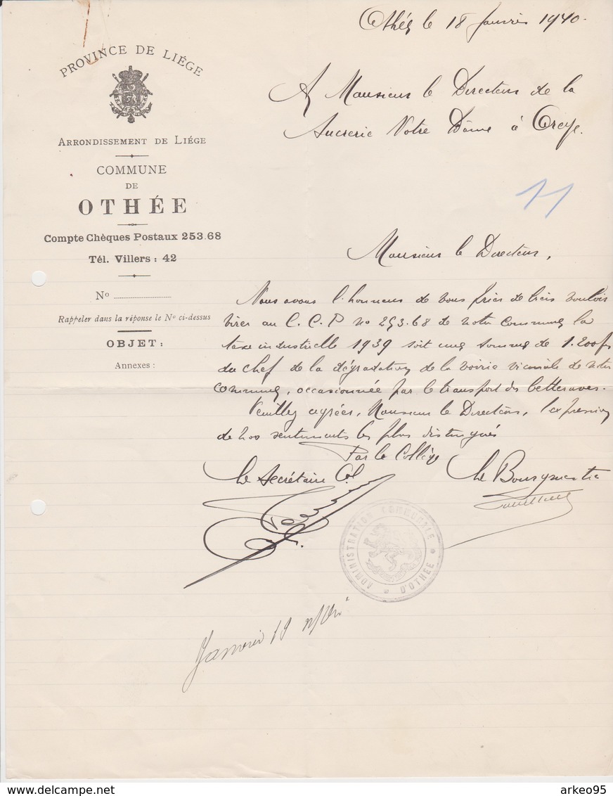 Lettre Du Maire D'Othée, Belgique, 18/1/1940 - Documents Historiques