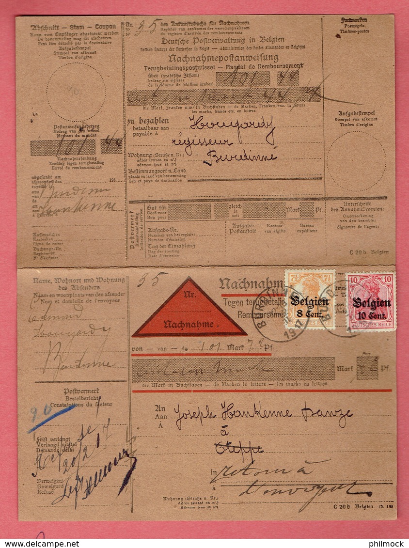 M - Carte Remboursement Guerre 14-18 - Oblit Burdinne (retour A L'envoyeur) Le 12-II-1917 Sur OC13 Et OC14 - OC1/25 Gouvernement Général