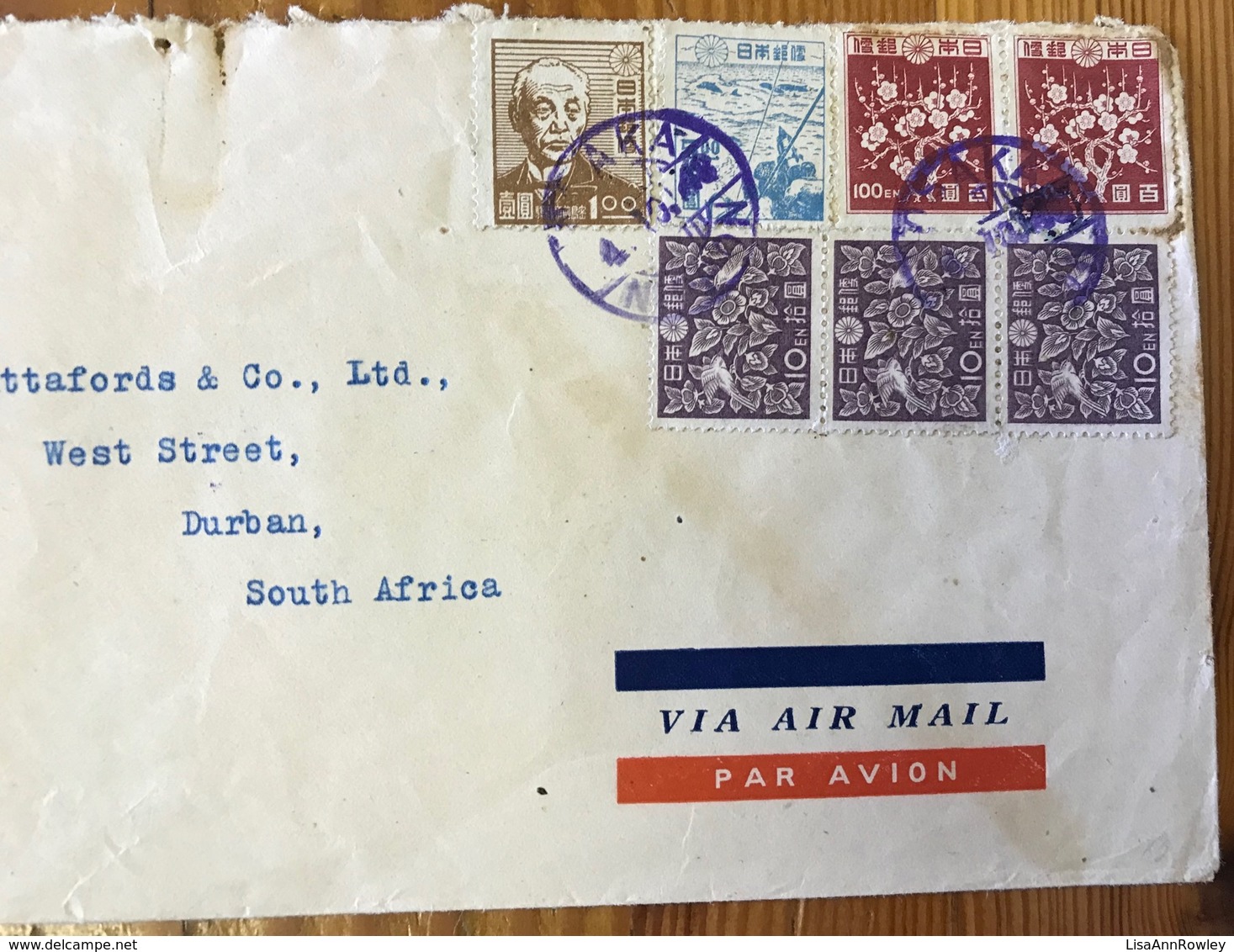 JAPAN=SHIELD CENSOR CACHET=OPENED BY MILITARY GENERAL=CIVIL MAILS=1948=OSAKA To DURBAN=SOUTH AFRICA= AIRMAIL=2 ITEMS. - Franchise Militaire