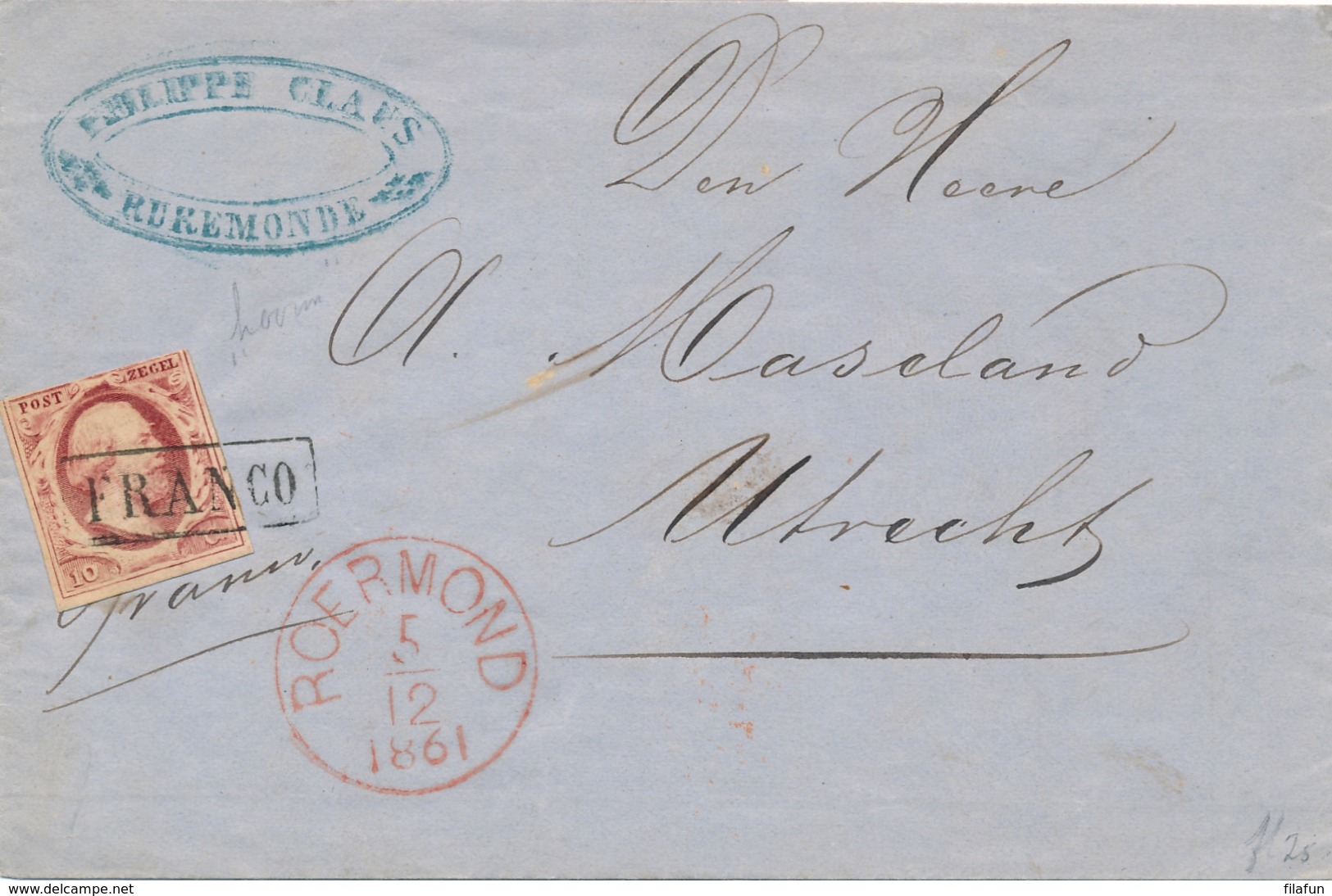 Nederland - 1861 - 10 Cent Willem III, 1e Emissie Op Complete Vouwbrief Van Roermond Naar Utrecht - Lettres & Documents