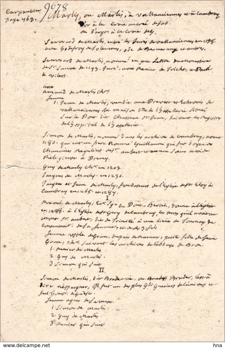 Généalogie Marly, De Valenciennes - Manuscrits