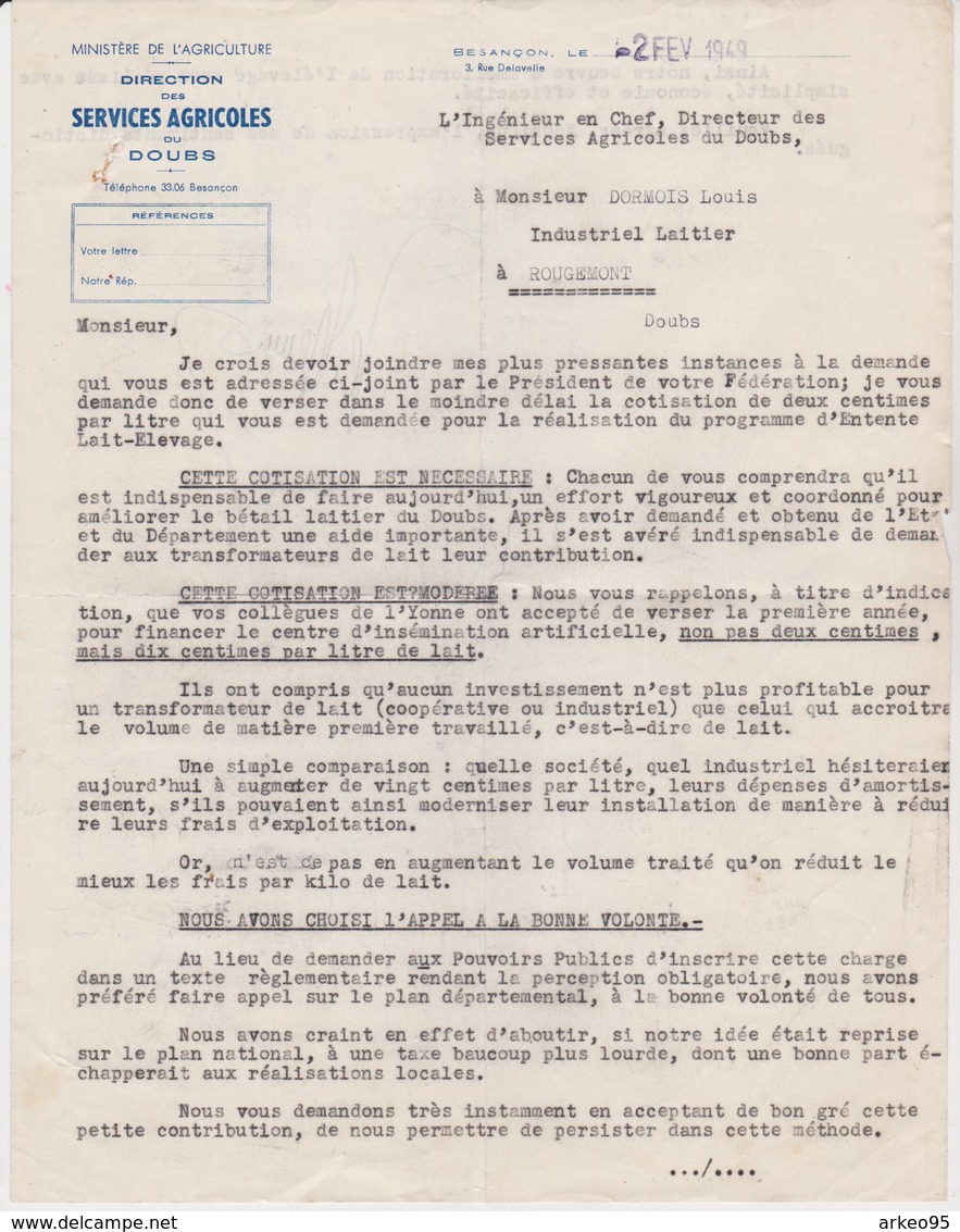 Lettre Du Directeur Des Services Agricoles Du Doubs, 2/2/1949. - Documents Historiques