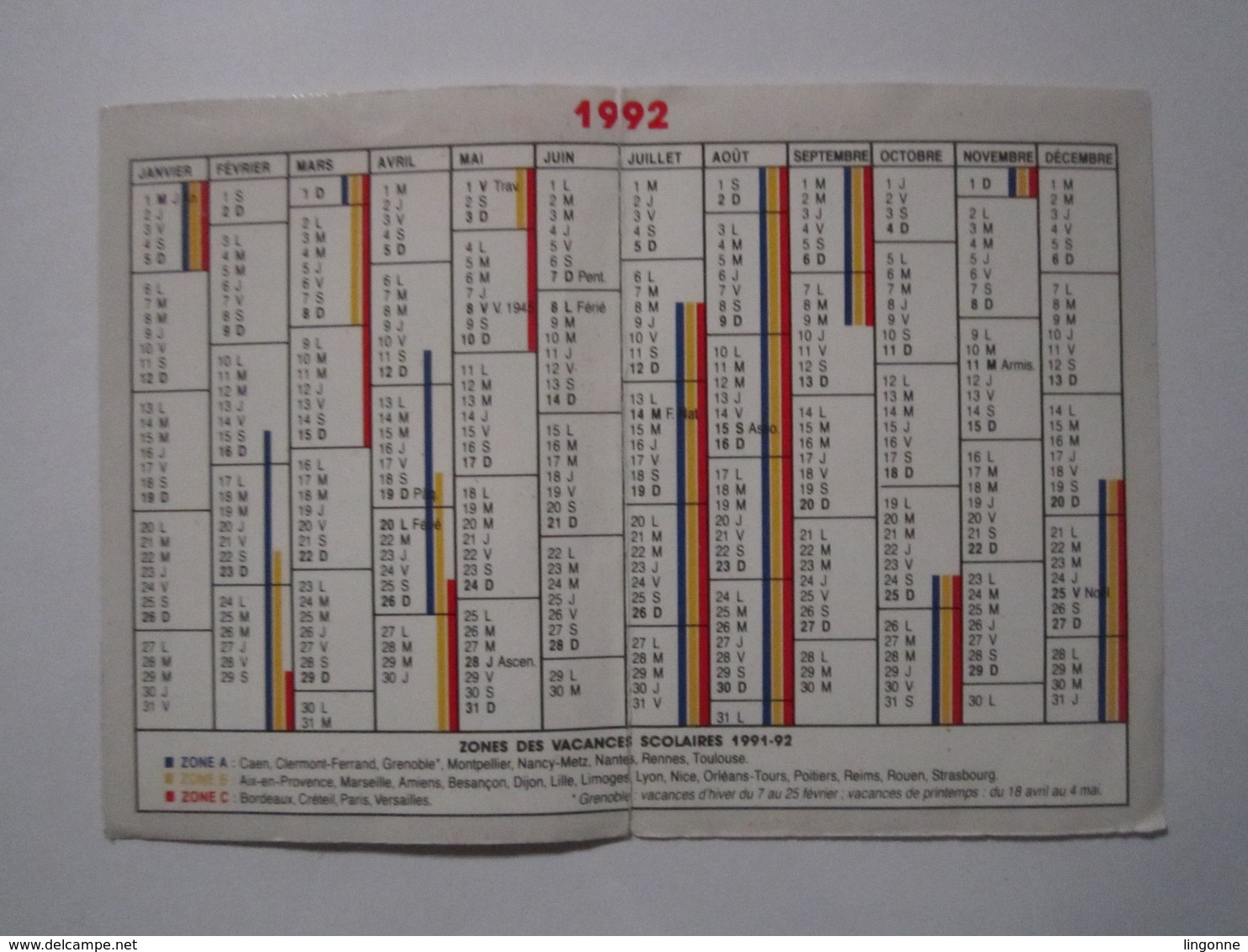 1992 PETIT CALENDRIER EN 2 VOLETS PROMOLOISIRS MUTUALITÉ FRANÇAISE UNE UNION DE 9 MUTUELLES - Petit Format : 1991-00