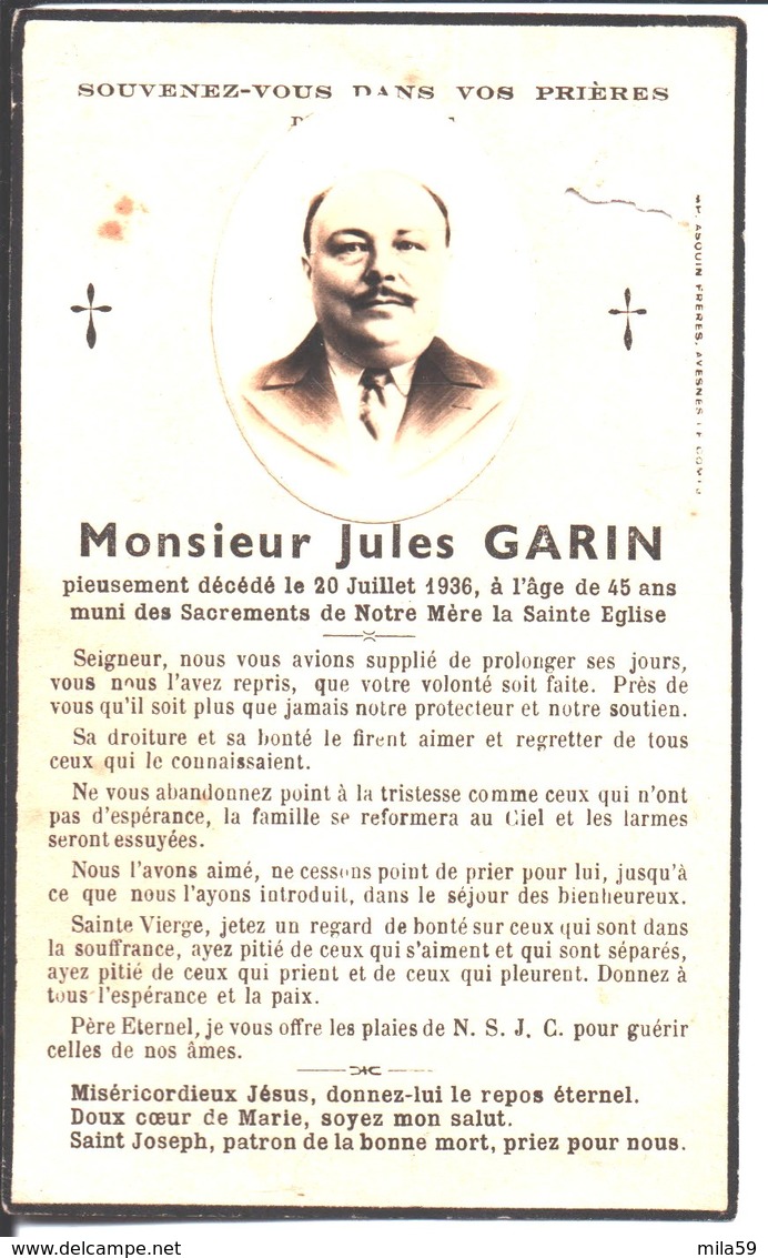 Souvenir Jules Augustin Abraham Garin Décédé Le 20 Juillet 1936 à Beaumetz Les Loges. - Religion & Esotericism