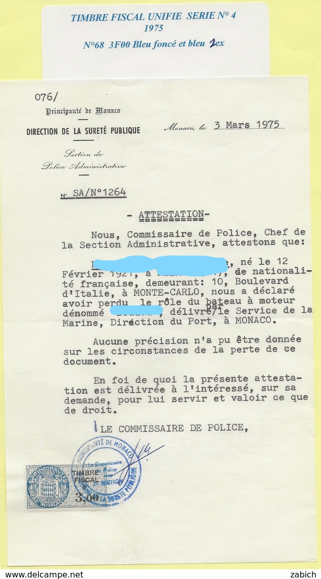 FISCAUX DE MONACO SERIE UNIFIEE  De 1970  N°68  3,00 F  Bleu - Fiscaux