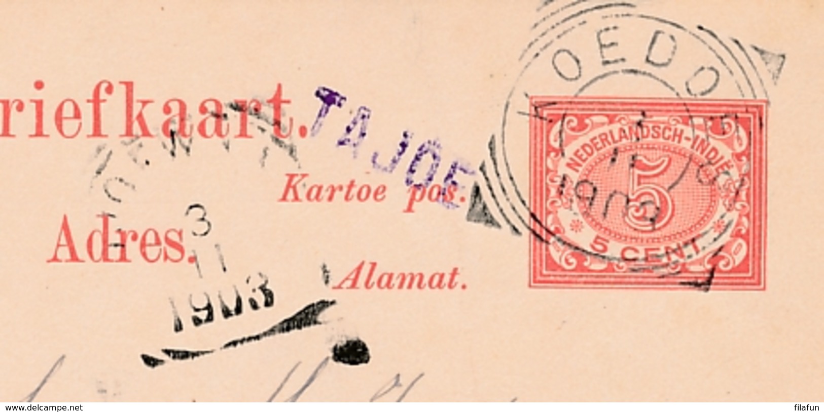 Nederlands Indië - 1903 - 5 Cent Briefkaart Met Langstempel TAJOE, VK KOEDOES En VK DJOEWANA - Nederlands-Indië