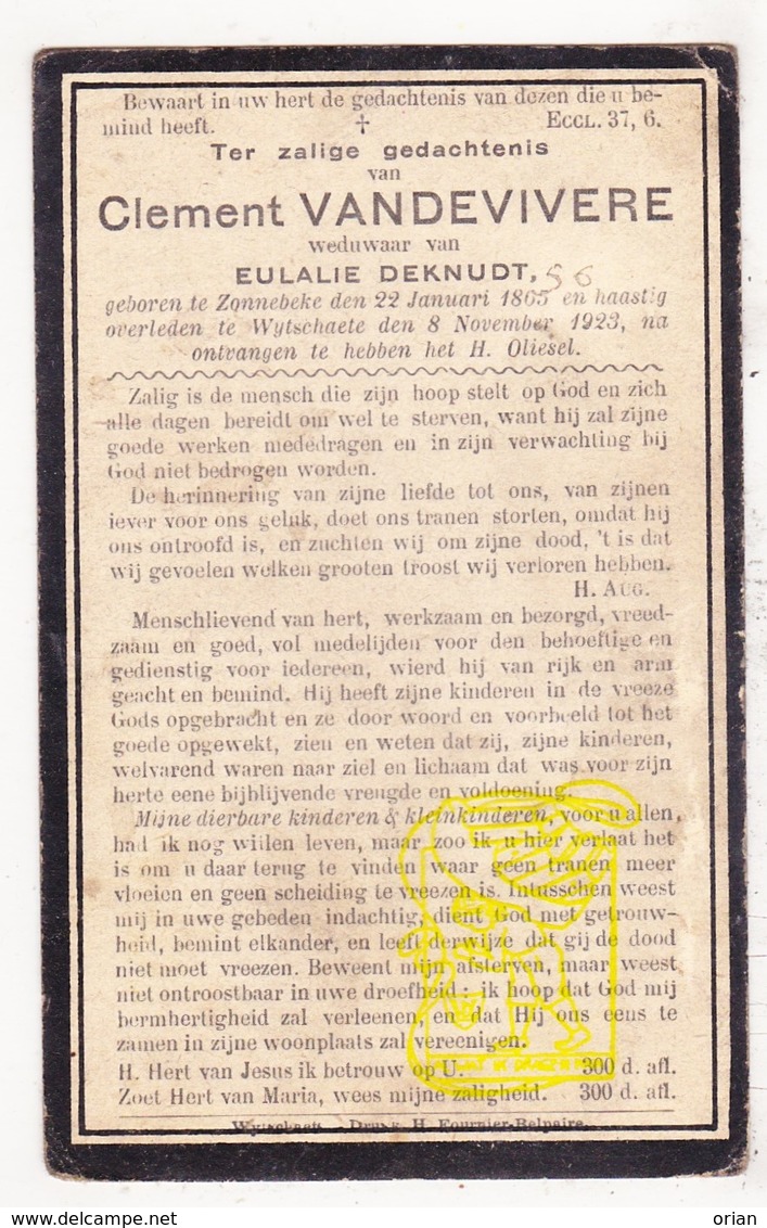 DP Clement VandeVivere ° Zonnebeke 1865 1856? † Wijtschate Heuvelland 1923 X Eulalie DeKnudt - Devotieprenten