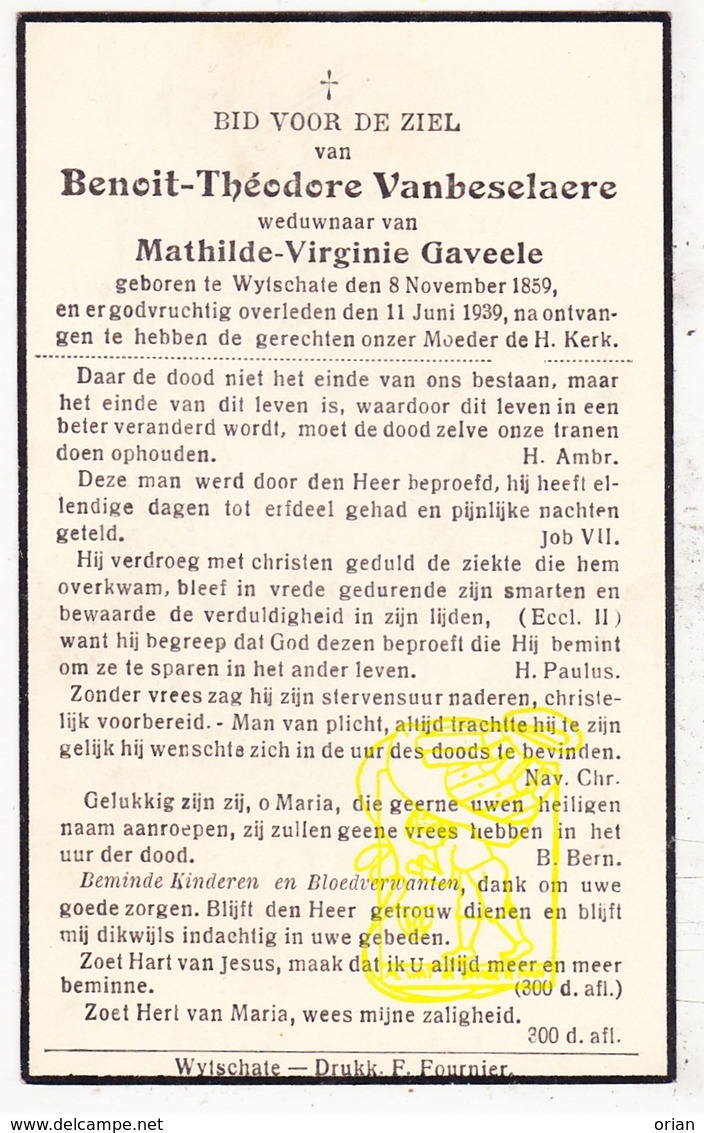 DP Benoit T. VanBeselaere ° Wijtschate Heuvelland 1859 † 1939 X Mathilde V. Gaveele - Devotieprenten