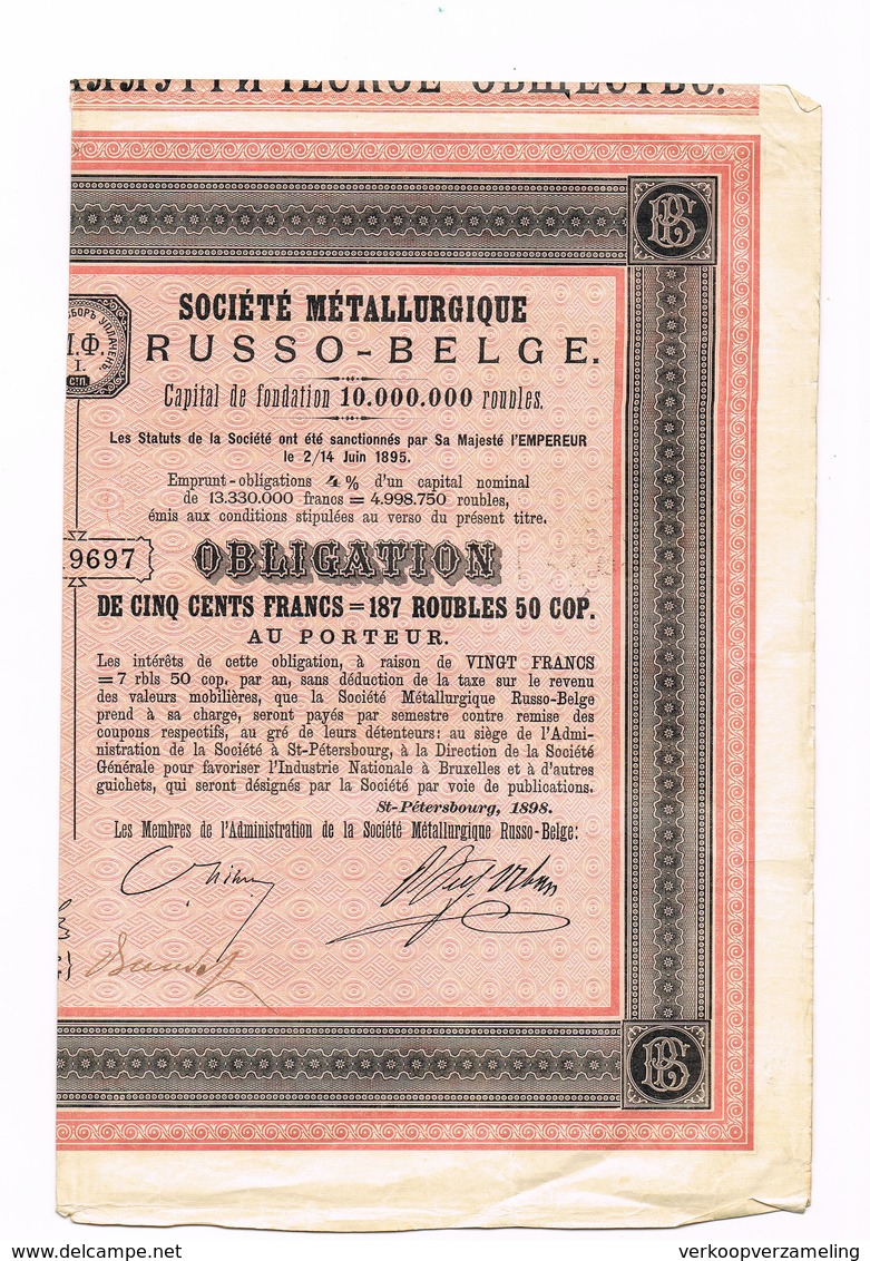 Obligation Societe Metallurgique Russo Belge  1898 Talon Att - Russland