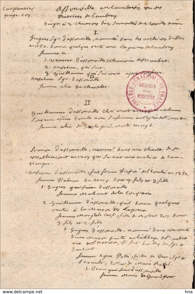 Généalogie Dassonville, Originaire De Cambrai - Manuscritos