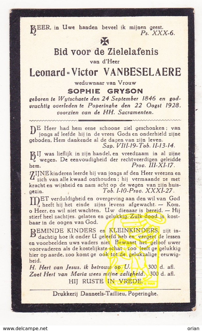 DP Leonard V. VanBeselaere ° Wijtschate Heuvelland 1846 † Poperinge 1928 X Sophie Gryson - Devotieprenten