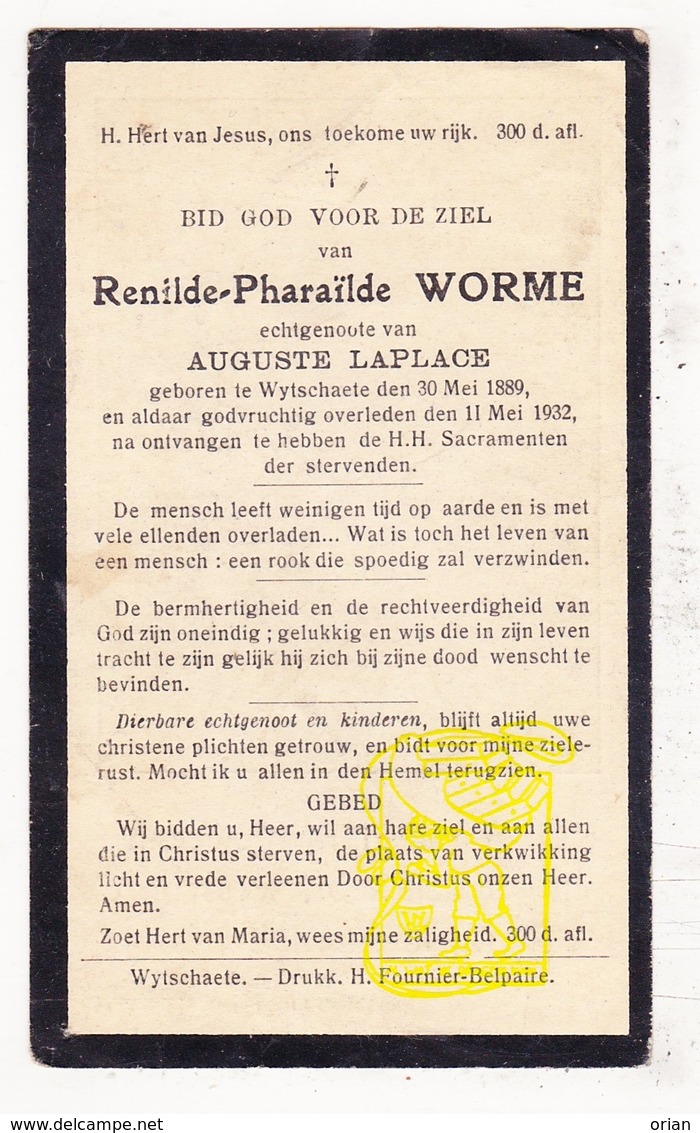 DP Renilde P. Worme ° Wijtschate Heuvelland 1889 † 1932 X Aug. LaPlace - Images Religieuses