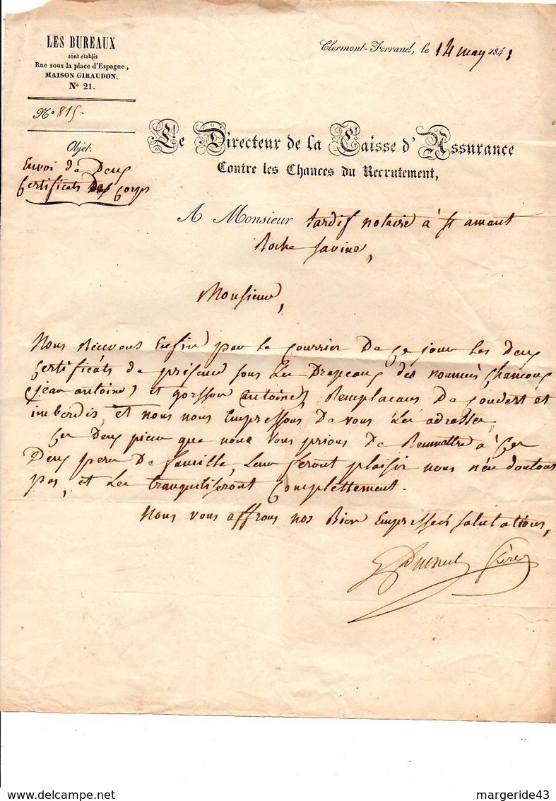 1841 COURRIER DU DIRECTEUR DE LA CAISSE D'ASSURANCE CONTRE LES CHANCES DE...RECRUTEMENT (LIRE DESCRIPTION) - Documents Historiques