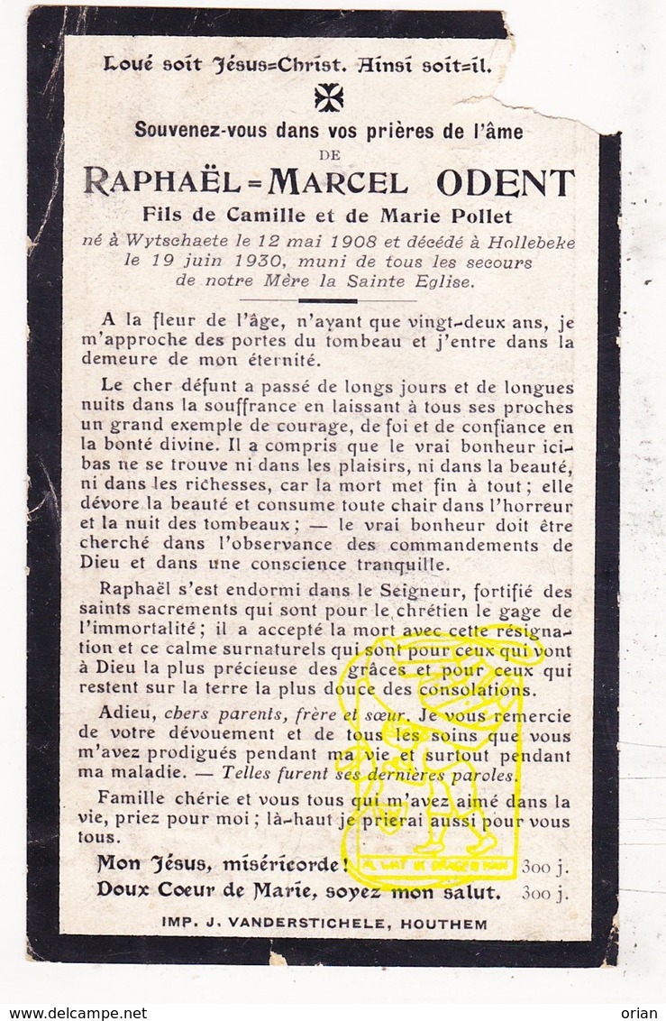 DP Raphaël M. Odent / Pollet 22j. ° Wijtschate Heuvelland 1908 † Hollebeke Ieper 1930 - Devotieprenten