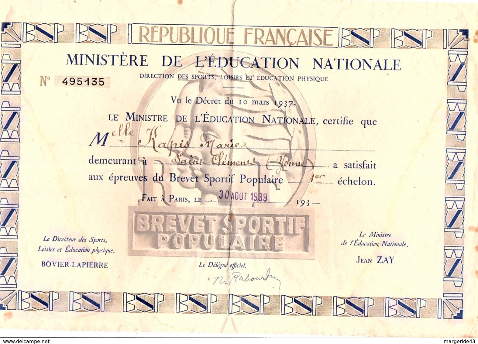 1939 BREVET SPORTIF POPULAIRE 1 ER ECHELON - Diplômes & Bulletins Scolaires