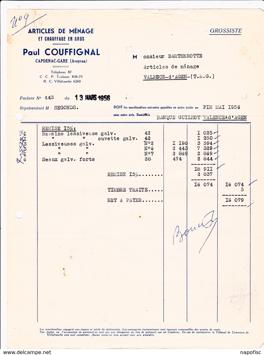 12-P.Couffignal ..Articles De Ménage & Chauffage En Gros...Capdenac-Gare...(Aveyron)..1954 - Petits Métiers