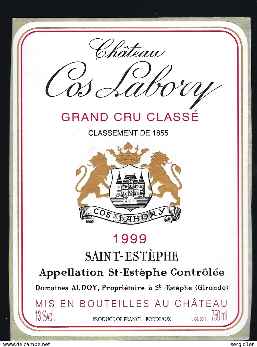 Etiquette Vin   Chateau Cos Labory Grand Cru Classé Saint Estephe 1999  Domaine Audoy Propriétaire - Bordeaux