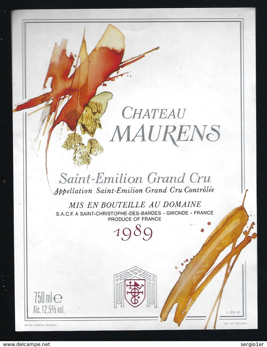 Etiquette Vin   Chateau Maurens Saint Emilion Grand Cru 1989 - Bordeaux