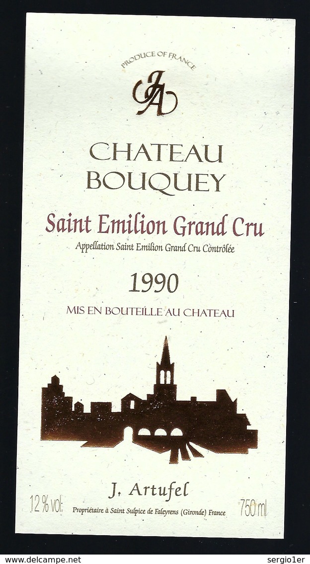 Etiquette Vin   Chateau Bouquet Saint Emilion Grand Cru 1990  J Artufel Propriétaire - Bordeaux