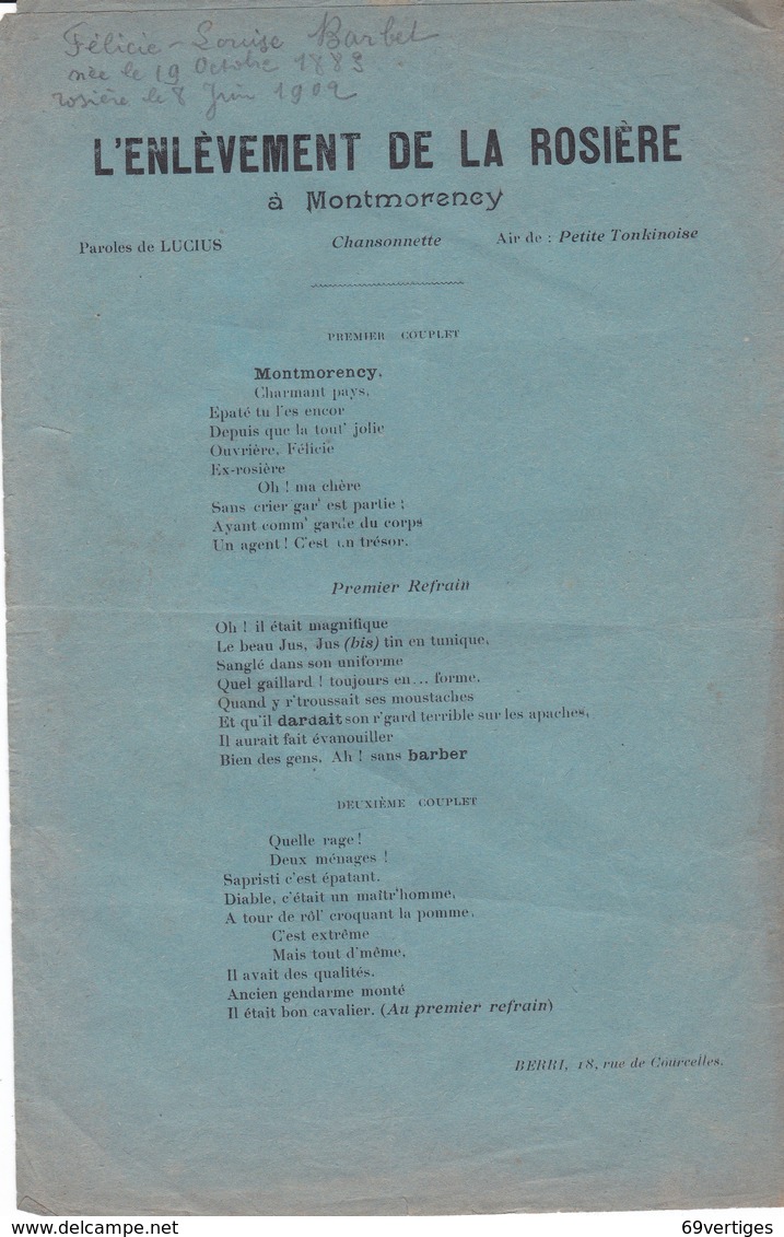 MONTMORENCY, L'Enlèvement De La Rosière, Chansonnette En L'honneur De Félicie Louise Barbet, Née En 1883, - Autres & Non Classés