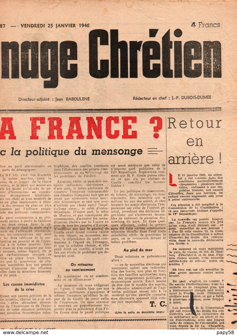 Non Classés Témoignage Chrétien Où Va La France ? AVON Seul College Fermé Par La Gestapo - Unclassified