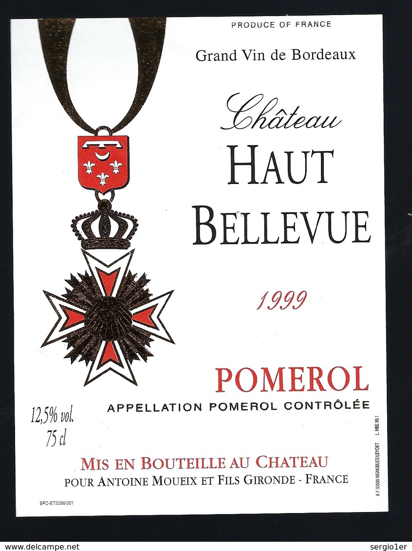 Etiquette Vin   Chateau Haut Bellevue  Pomerol 1999 Antoine Moueix Propriétaire - Bordeaux