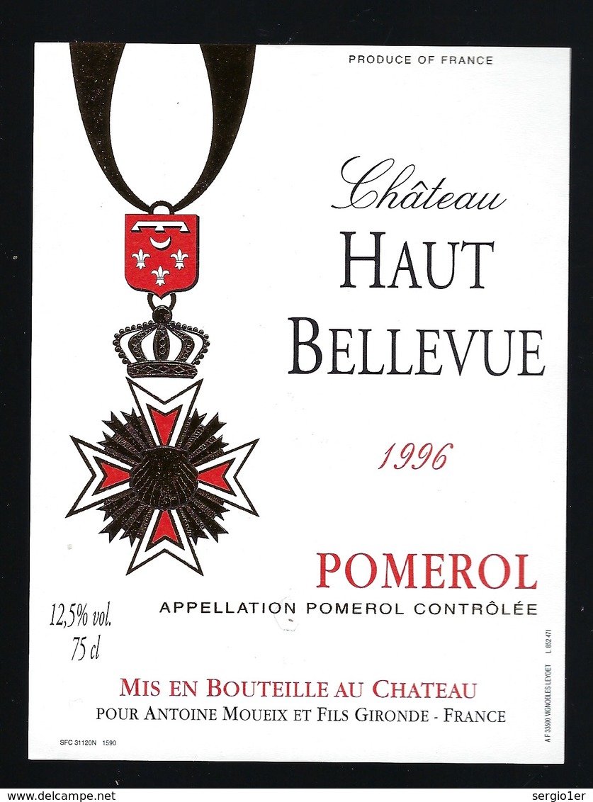 Etiquette Vin   Chateau Haut Bellevue  Pomerol 1996 Antoine Moueix Propriétaire - Bordeaux