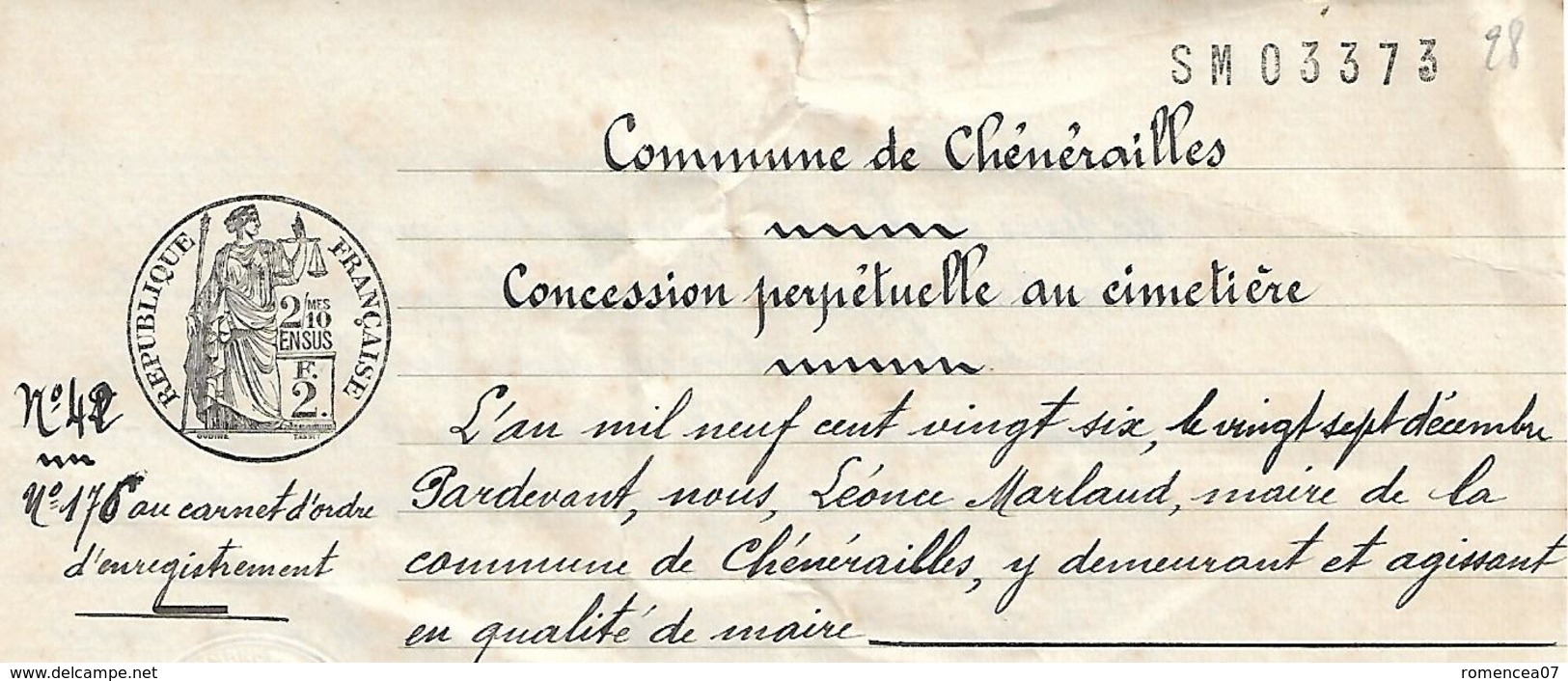 CHENERAILLES (Creuse) - CONCESSION PERPETUELLE Dans Le CIMETIERE - 28 Décembre 1926 - A Voir ! - Documents Historiques