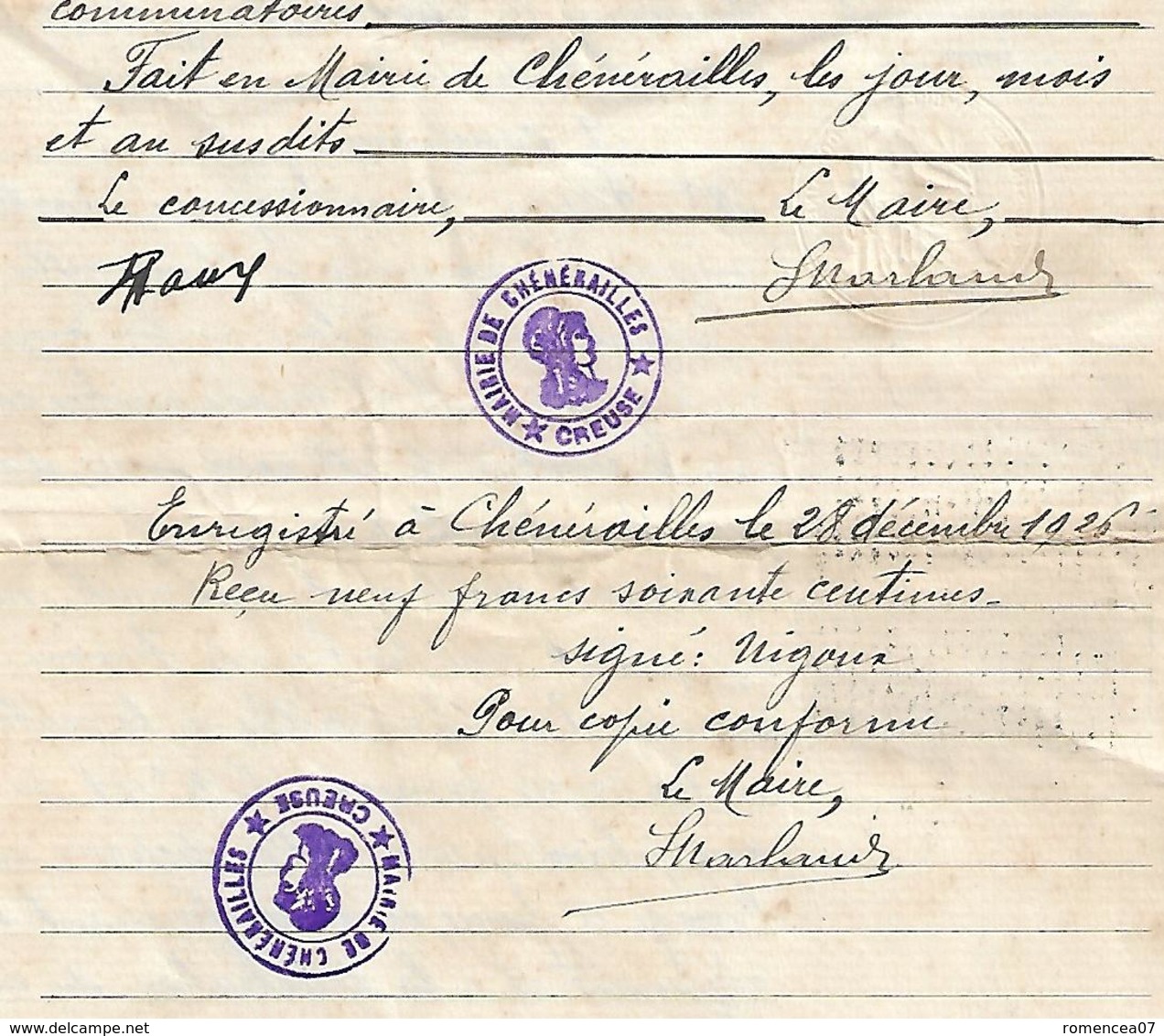 CHENERAILLES (Creuse) - CONCESSION PERPETUELLE Dans Le CIMETIERE - 28 Décembre 1926 - A Voir ! - Documents Historiques