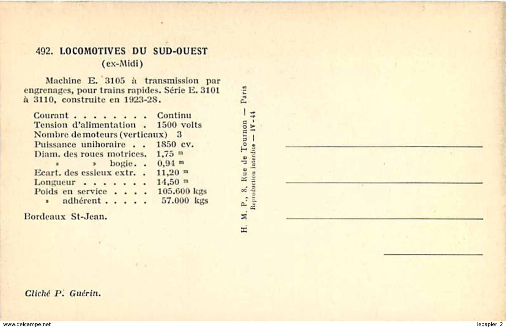 Thème Train Machine  E 3105 Transmission Par Engrenages Locomotives Du Sud-Ouest (ex Midi) CP Ed. H.M.P. N° 492 - Trains