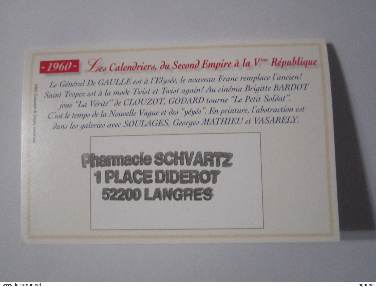 2000 PETIT CALENDRIER EN 2 VOLETS ALMANACH DES PTT 1960 PHARMACIE SCHVARTZ LANGRES (52) - Petit Format : 1991-00