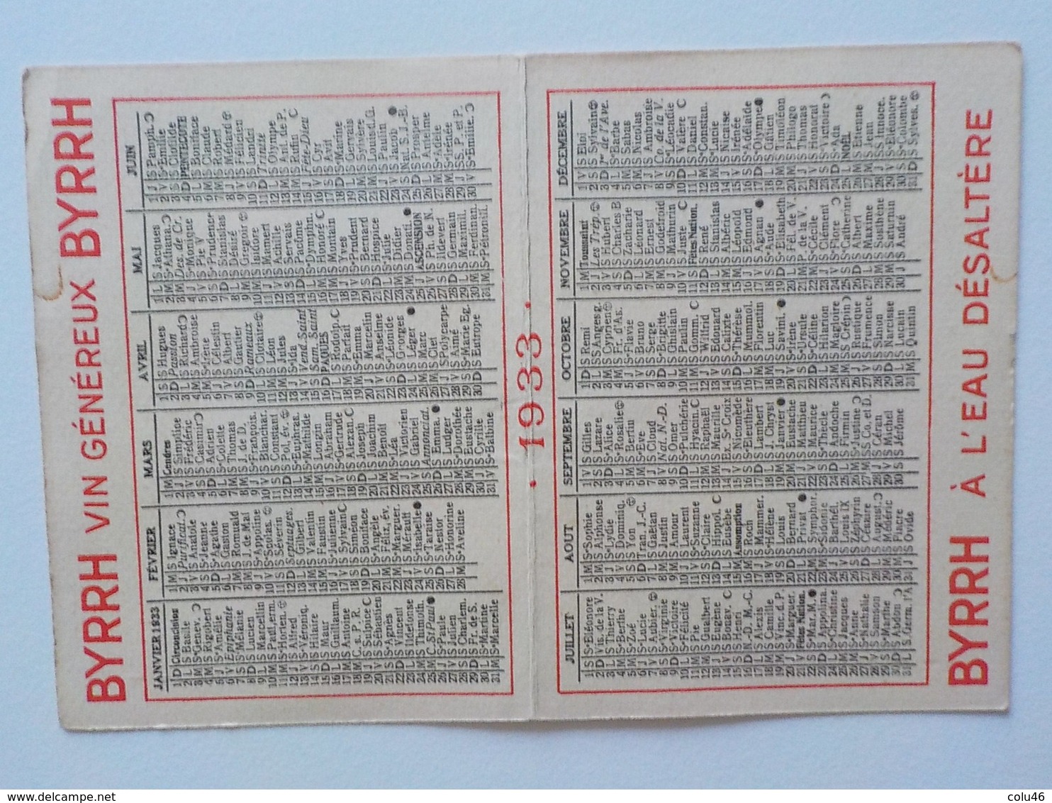 1933 Calendrier Pub Byrrh Vin Au Quiquina Femme Sur âne Portant Panier Osier Avec Raisins - Formato Piccolo : 1921-40