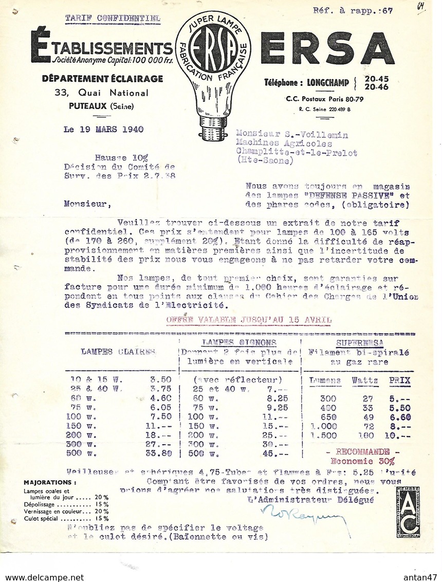 2 Factures 1940 1941 / 92 SURESNES PUTEAUX / Lampes ERSA / Difficultés Approvisionnement - 1900 – 1949