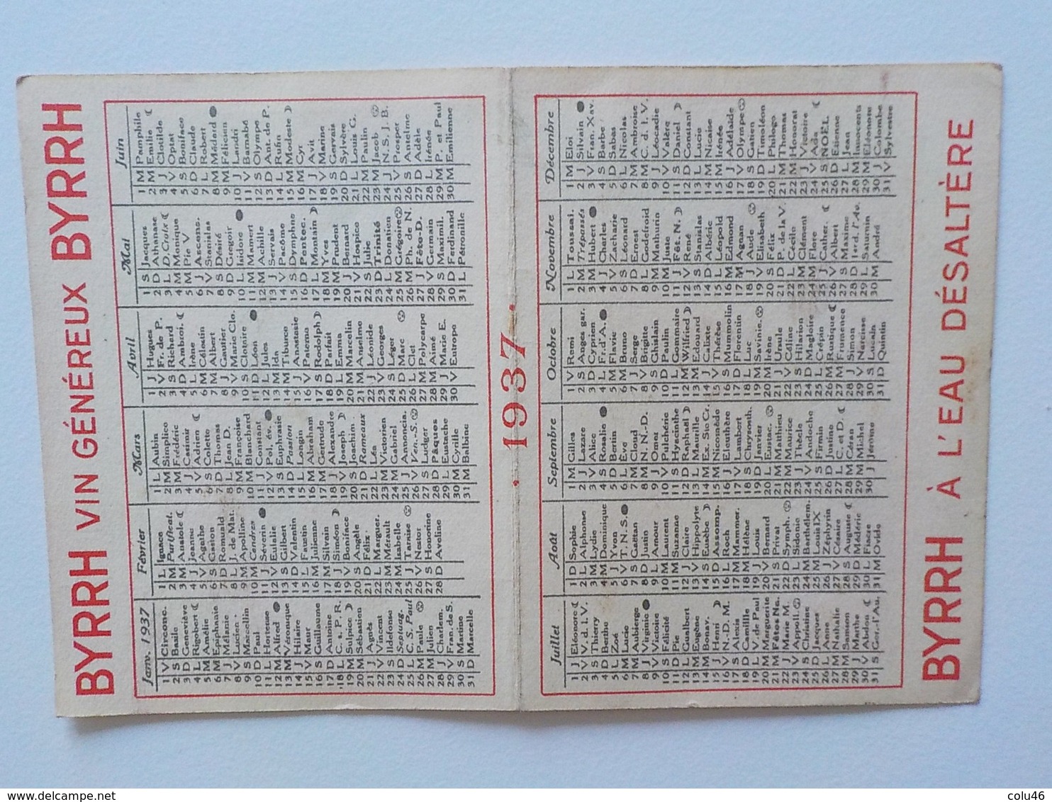 1937 Calendrier Pub Byrrh Vin Au Quiquina Couple Buvant Un Verre De Vin - Petit Format : 1921-40