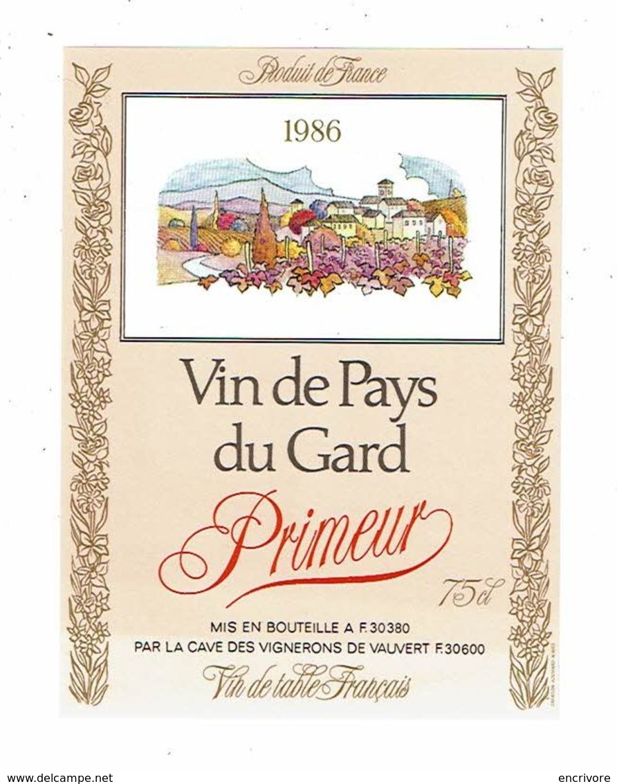 étiquette Vin De Pays Du GARD Primeur 1986 Cave Vignerons De Vauvert - Autres & Non Classés