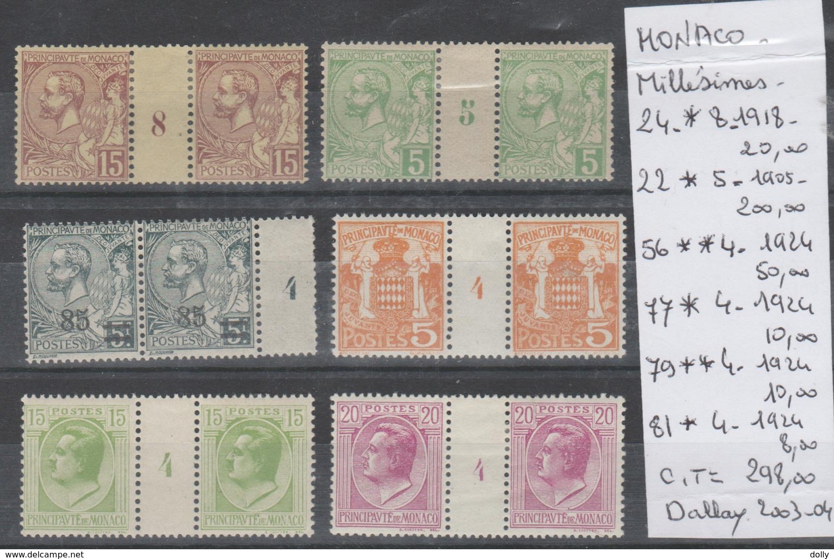 TIMBRES DE MONACO (MILLESIMES)  Nr VOIR SUR PAPIER AVEC TIMBRES + DATES     COTE 298.00  € - Neufs