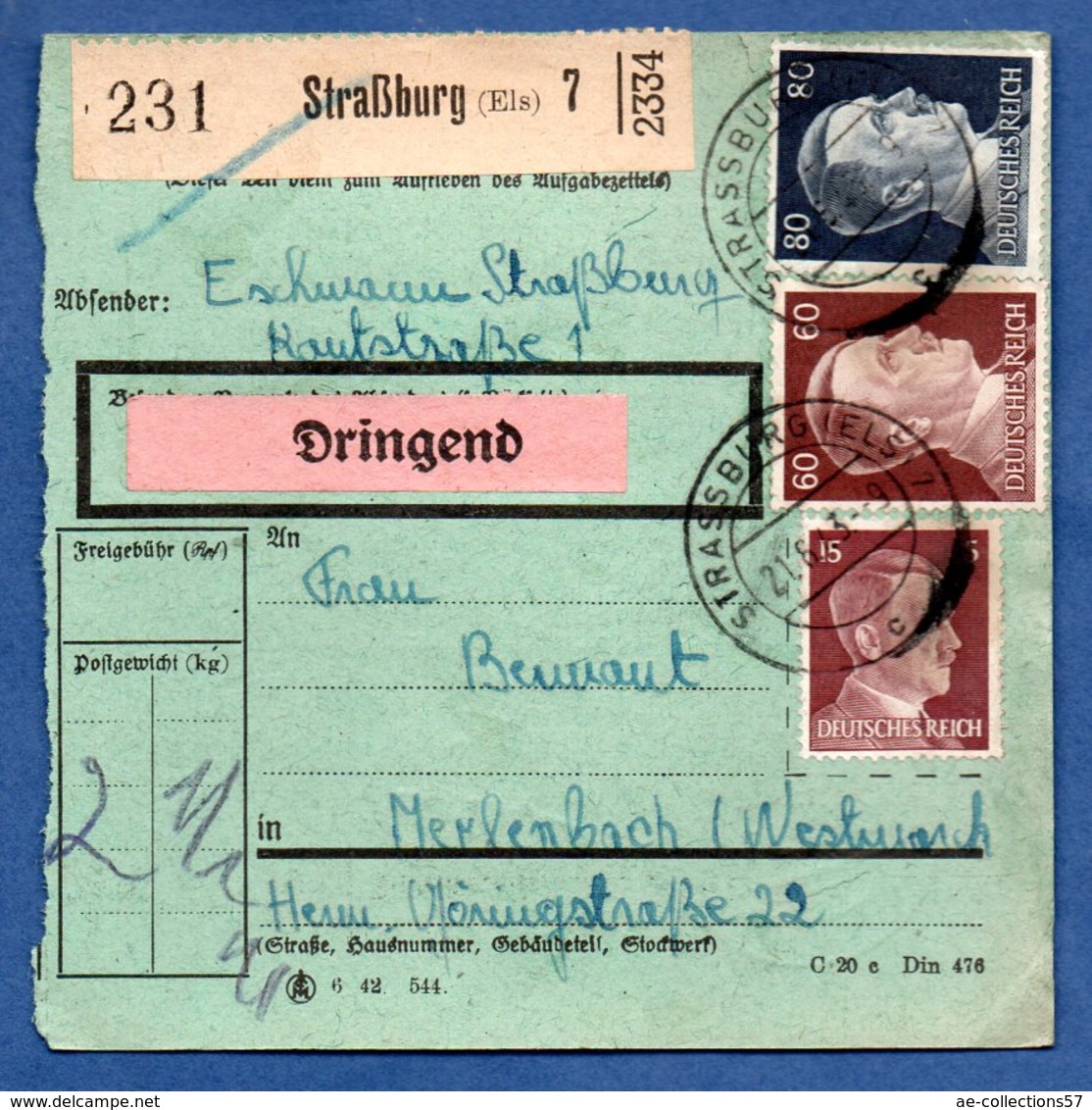 Colis Postal  -  Départ Strasbourg 7  -  21/6/1943 - Lettres & Documents