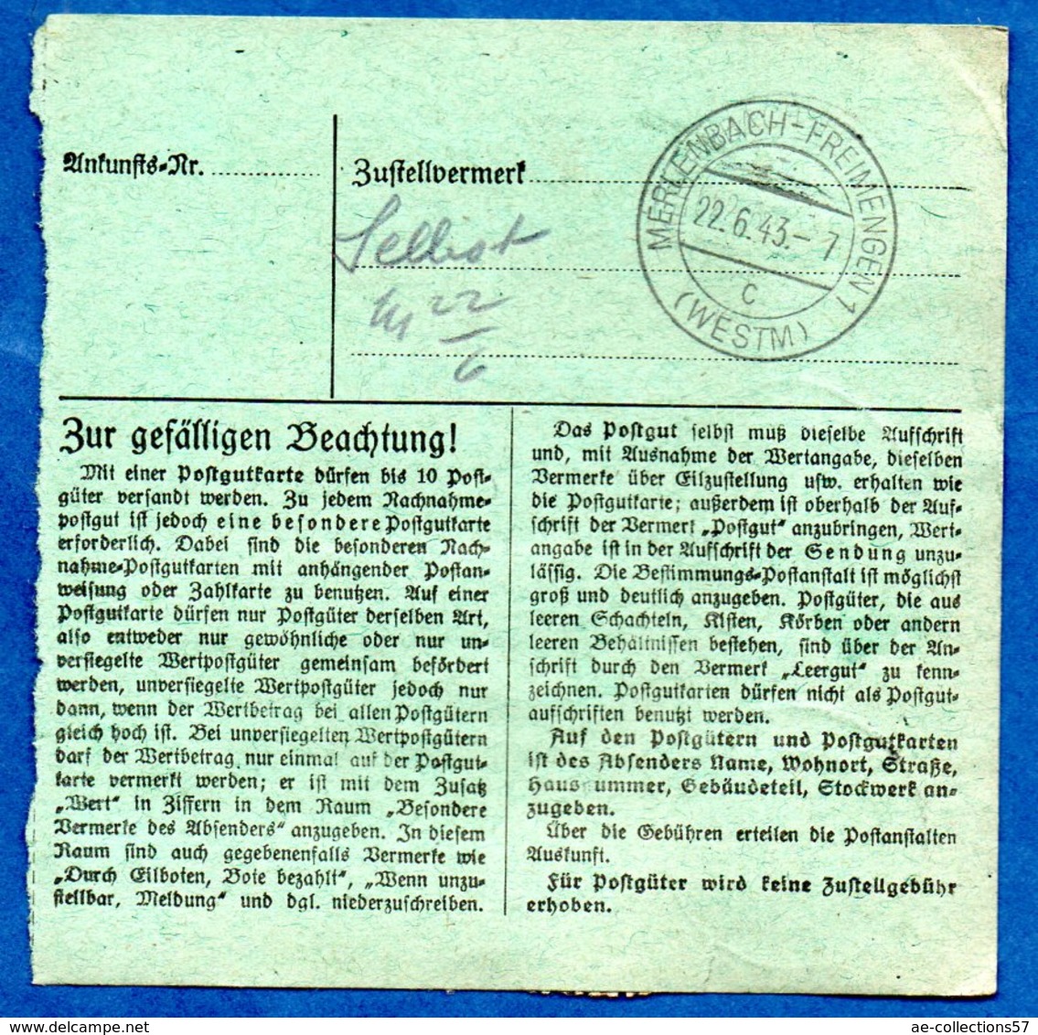 Colis Postal  -  Départ Strasbourg 7  -  21/6/1943 - Lettres & Documents