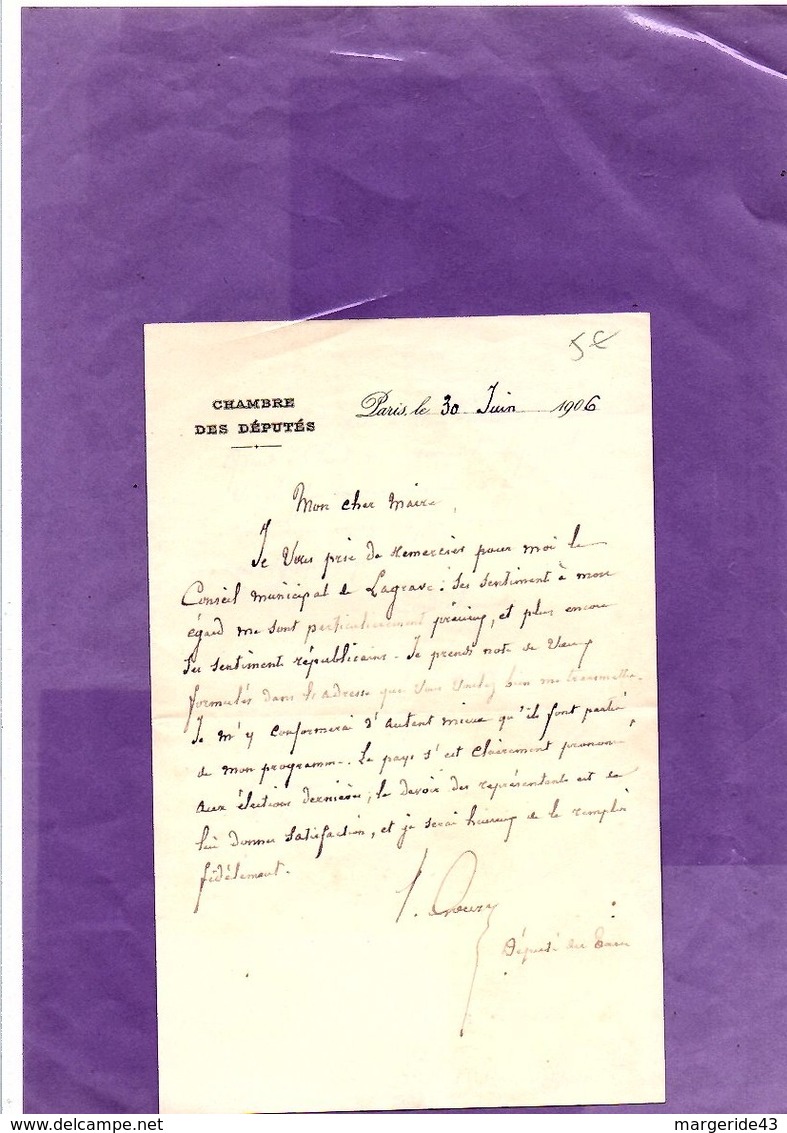 1906 LETTRE AUTOGRAPHE DU DEPUTE DU TARN PAUL GOUZY - Documents Historiques