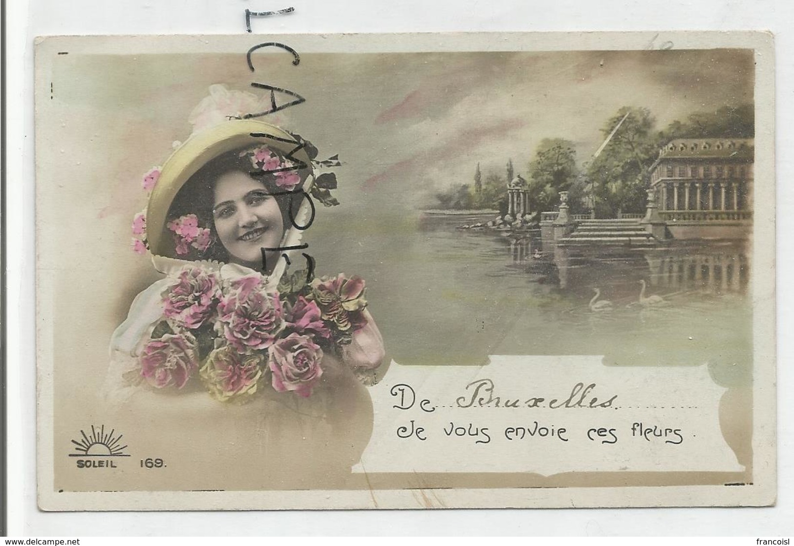 Jeune Femme Et Roses. Château, Lac Et Cygnes. "De Bruxelles, Je Vous Envoie Ces Fleurs". - Forêts, Parcs, Jardins