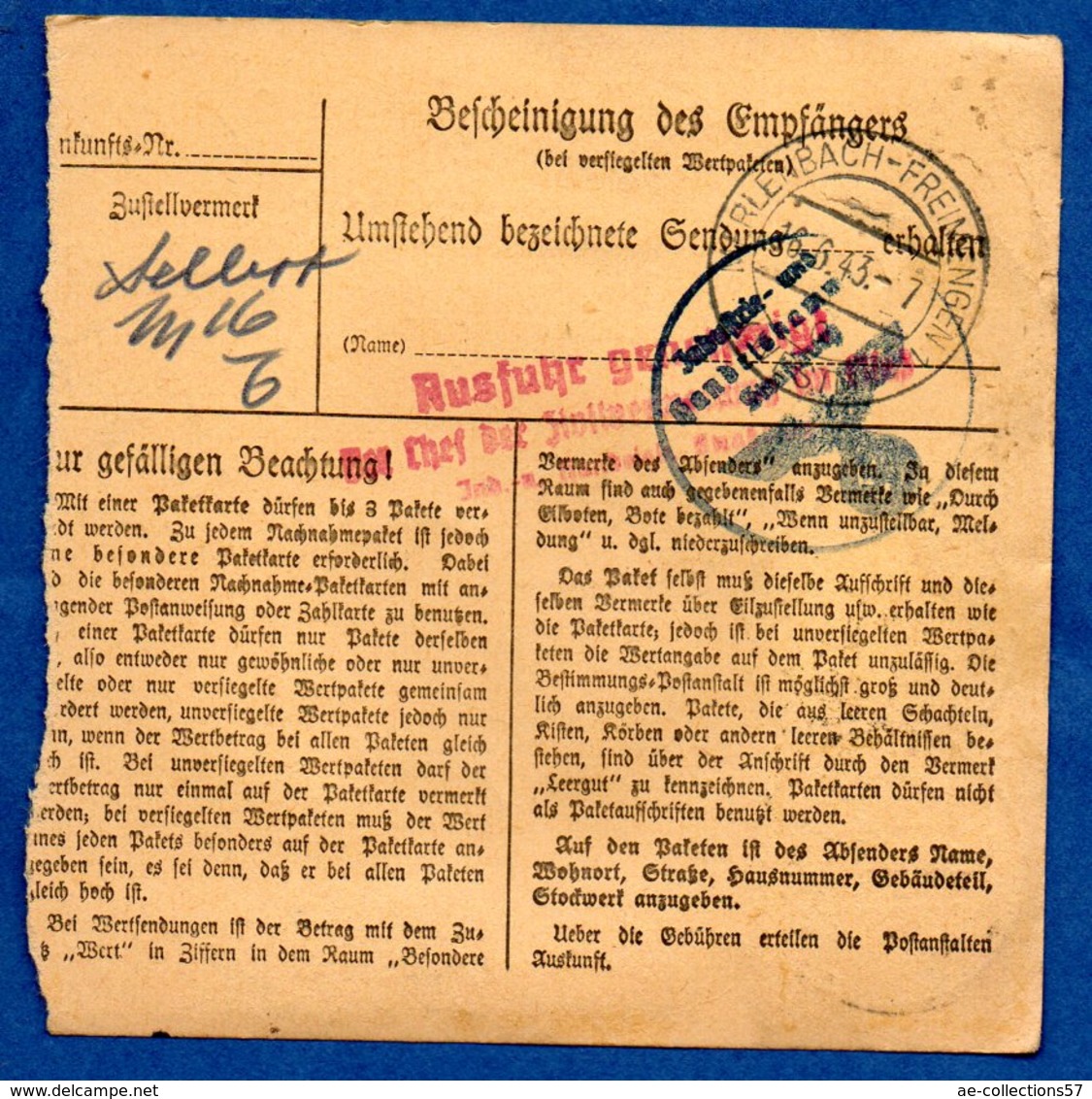 Colis Postal  -  Départ Strasbourg 4  -  15/6/1943 - Lettres & Documents