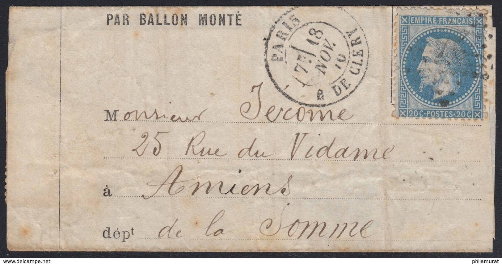 Ballon Monté "Le Général Uhrich" Oblitéré 18/NOV./1870 Pour Amiens - 1863-1870 Napoléon III Lauré