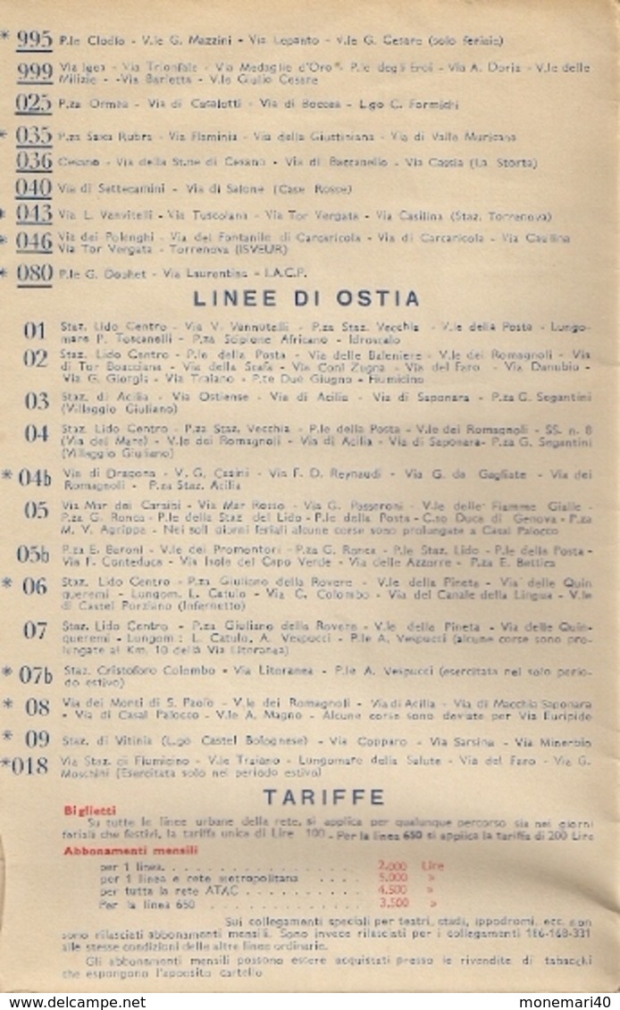 ROME - ANCIEN PLAN DU RÉSEAU URBAIN DE COMMUNICATIONS (AUTOBUS, TRAMS, MÉTRO, etc ...