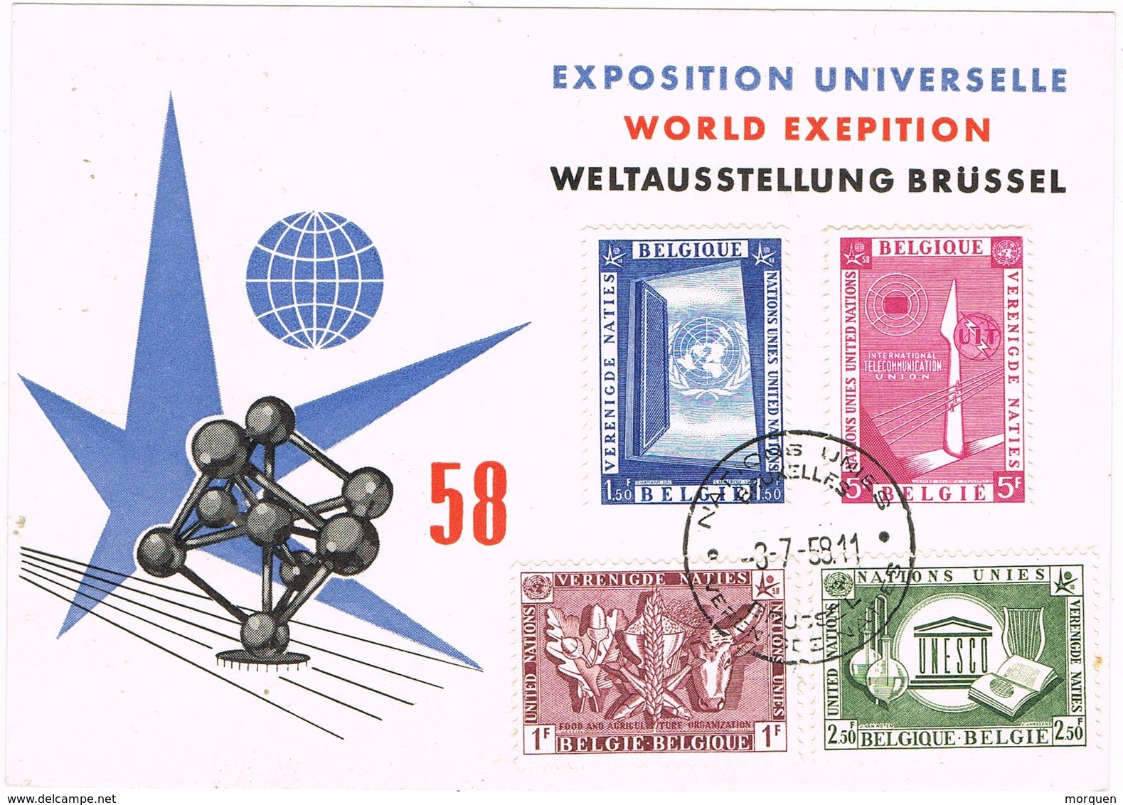 31257. Tarjeta BRUXELLES (Belgien) 1958. Exposition Universelle. ONU Stamps - Cartas & Documentos