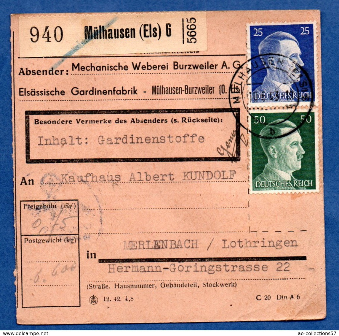 Colis Postal  -  Départ Mülhausen 6 -  1943 - Briefe U. Dokumente