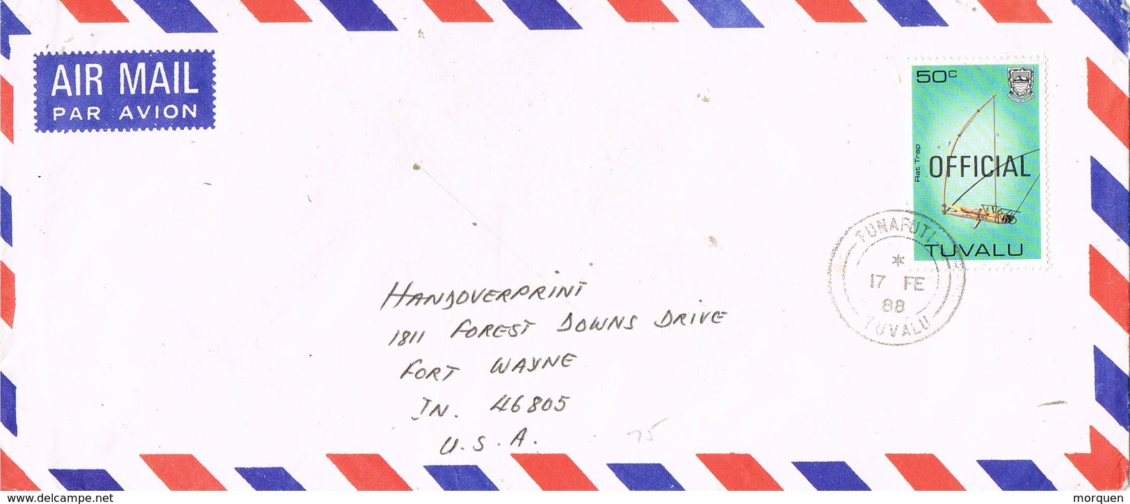 31259. Carta Aerea OFFICIAL, TUNAFUTI (Tuvalu) 1988 To USA - Tuvalu