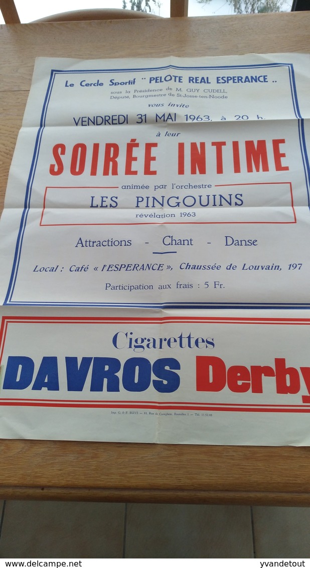 Affiche. Saint-Josse. Bruxelles. Les Pingouins. Cigarettes Davros Derby. 1963. Guy Cudell. - Affiches