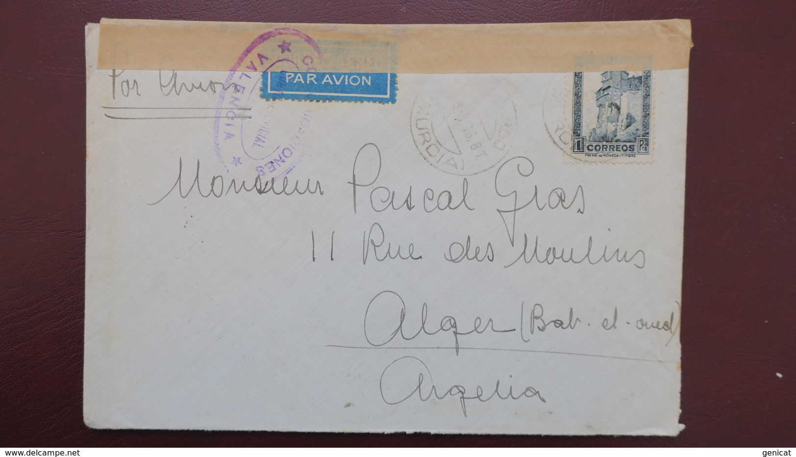 Guerra Civl , Murcia Perforado F . F . Lettre Pour Algerie 1936 , Control Official Valencia - Covers & Documents