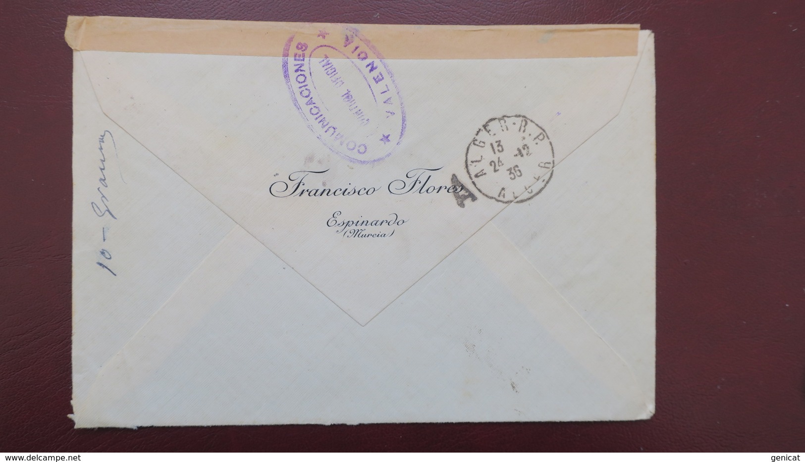 Guerra Civl , Murcia Perforado F . F . Lettre Pour Algerie 1936 , Control Official Valencia - Covers & Documents