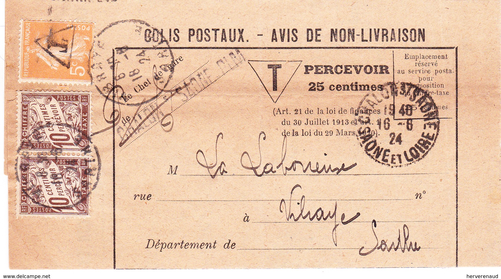 TA 29 X 2 Et Semeuse 158 Surchargée "T" Sur Avis De Colis Postal De Chalon-sur-Saône à Vibraye (Sarthe) (1924) - 1859-1959 Covers & Documents